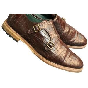 Todd Welsh Brown Faux Leather Croc Double Monk Strap Dress Shoes Buckle Men 11.5